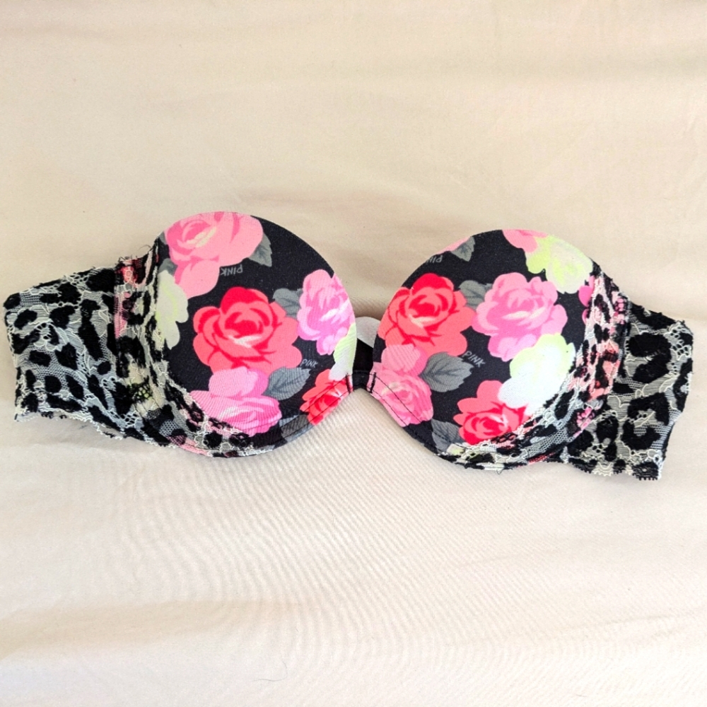 Pink Victoria's Secret 34A Strapless Heartbreaker Plunge Multi way Bra